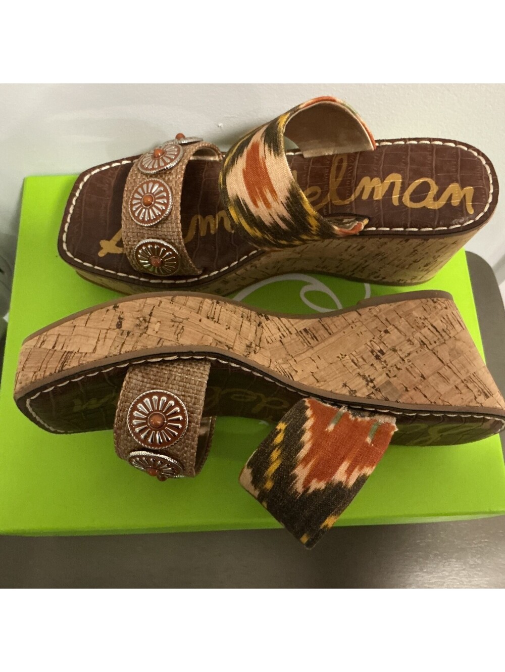 Womans Sam Edelman Size 6 Boho Hippie Brown Aztec Embellished Wedge #138